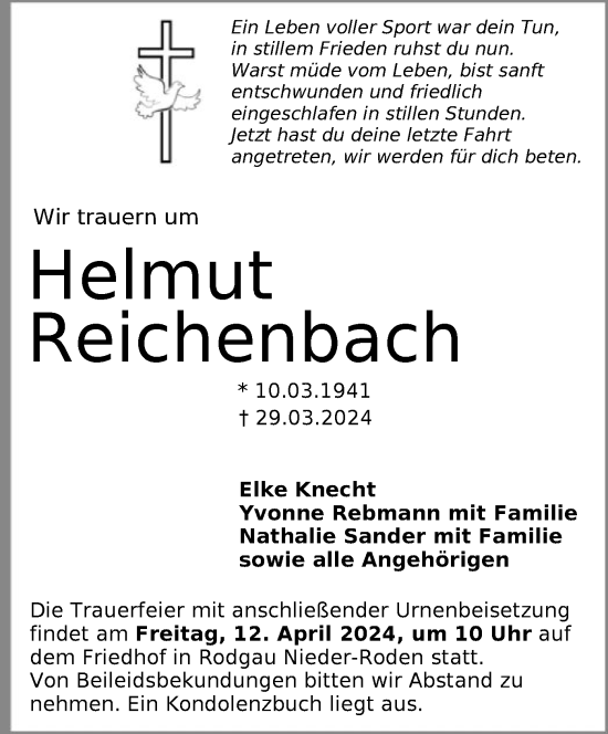 Todesanzeige von Helmut Reichenbach von OF