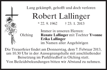 Todesanzeige von Robert Lallinger von merkurtz
