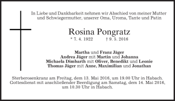 Todesanzeige von Rosina Pongratz von merkurtz