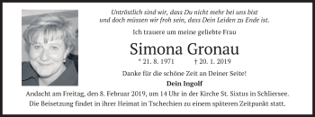 Todesanzeige von Simona Gronau von merkurtz