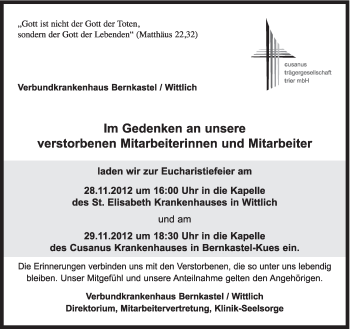 Todesanzeige von Verbundkrankenhaus Bernkastel/Wittlich gedenkt von TRIERISCHER VOLKSFREUND