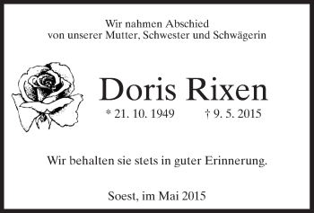 Todesanzeige von Doris Rixen von MZV