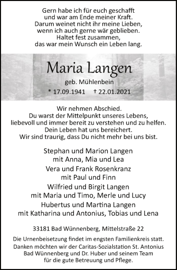 Todesanzeige von Maria Langen von WA