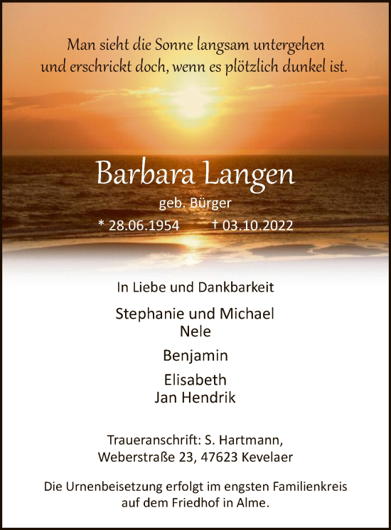 Todesanzeige von Barbara Langen von WA