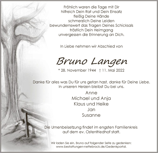 Todesanzeige von Bruno Langen von WA