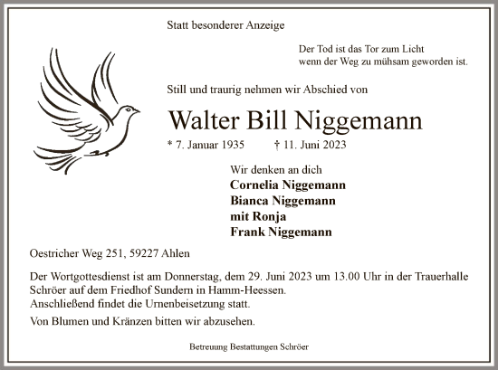 Todesanzeige von Walter Bill Niggemann von WA