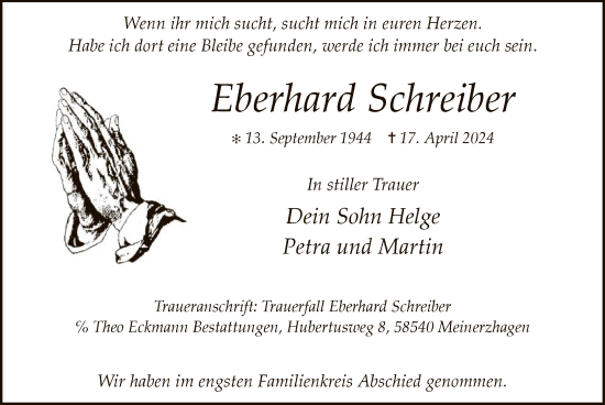 Todesanzeige von Eberhard Schreiber von WA